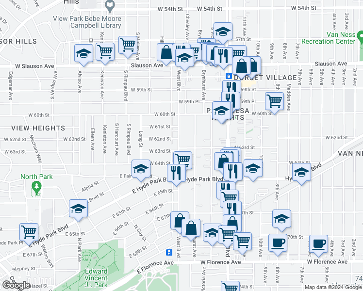 map of restaurants, bars, coffee shops, grocery stores, and more near 6310 West Boulevard in Los Angeles
