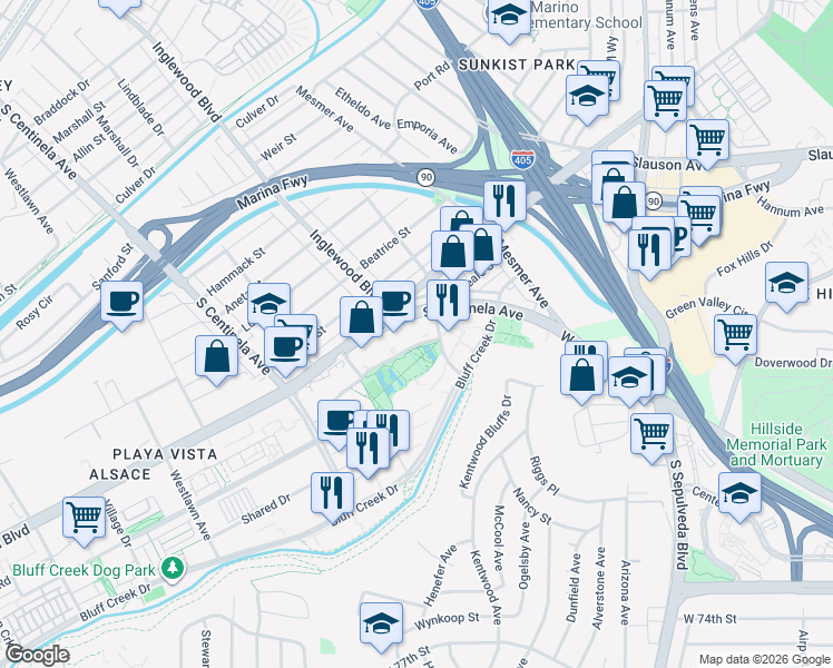 map of restaurants, bars, coffee shops, grocery stores, and more near 12025 Waterfront Drive in Los Angeles