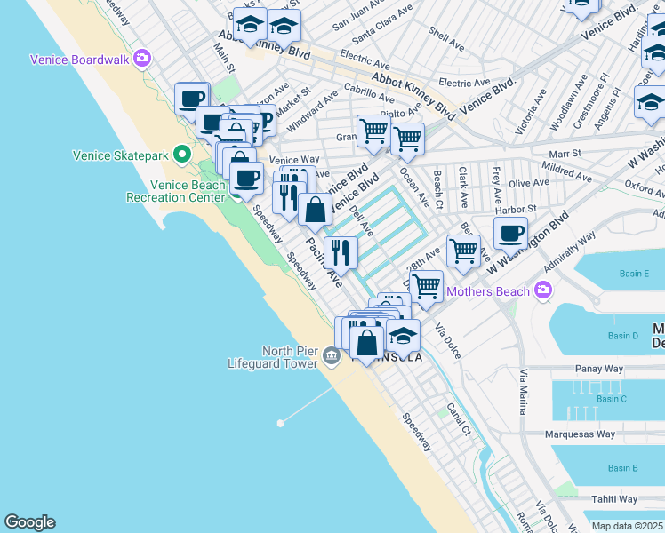 map of restaurants, bars, coffee shops, grocery stores, and more near 34 25th Place in Los Angeles