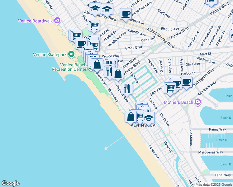 map of restaurants, bars, coffee shops, grocery stores, and more near 2401 Ocean Front Walk in Los Angeles