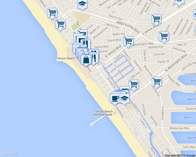 map of restaurants, bars, coffee shops, grocery stores, and more near 2401 Ocean Front Walk in Los Angeles