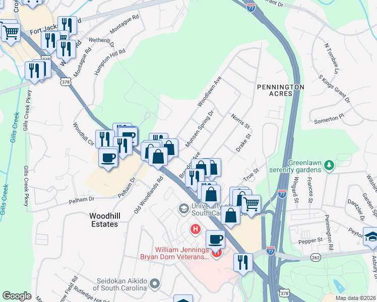 map of restaurants, bars, coffee shops, grocery stores, and more near 820 Munsen Spring Drive in Columbia