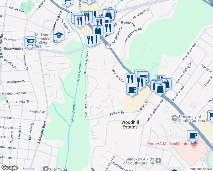 map of restaurants, bars, coffee shops, grocery stores, and more near 317 Pine Cliff Court in Columbia
