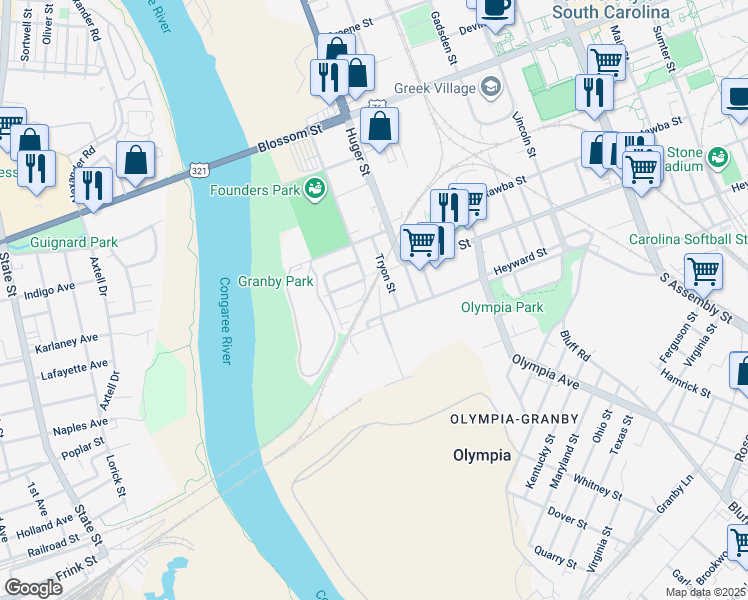 map of restaurants, bars, coffee shops, grocery stores, and more near 319 Heyward Street in Columbia