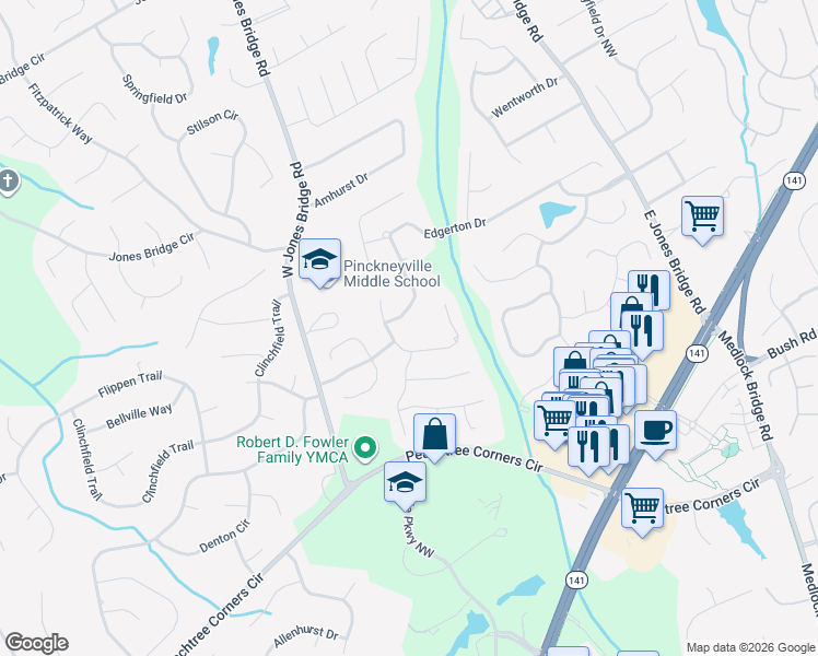 map of restaurants, bars, coffee shops, grocery stores, and more near 5540 Edgerton Drive in Norcross