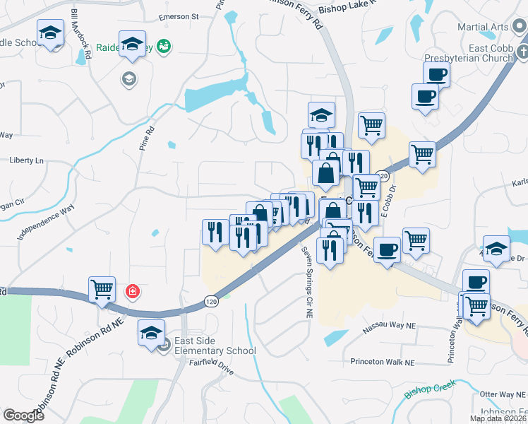 map of restaurants, bars, coffee shops, grocery stores, and more near 1460 Grayson Court in Marietta