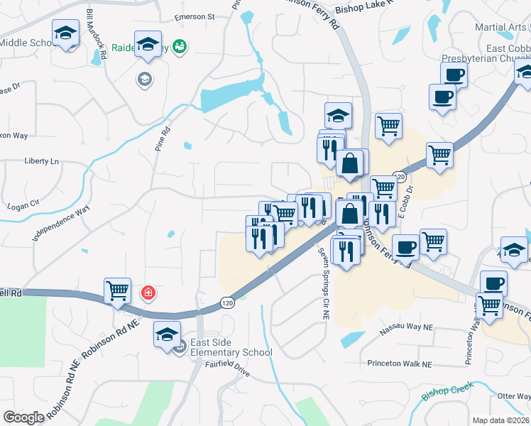 map of restaurants, bars, coffee shops, grocery stores, and more near 1453 Grayson Court in Marietta