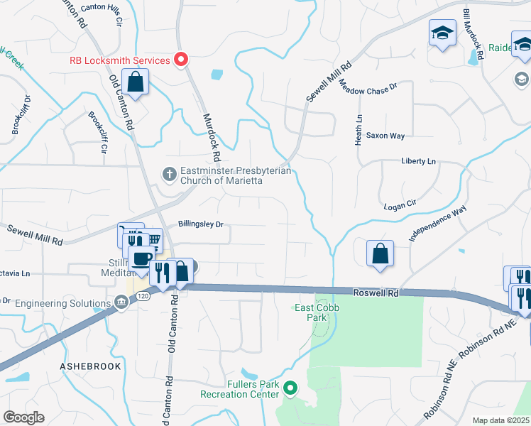 map of restaurants, bars, coffee shops, grocery stores, and more near 1415 Hialeah Court in Marietta
