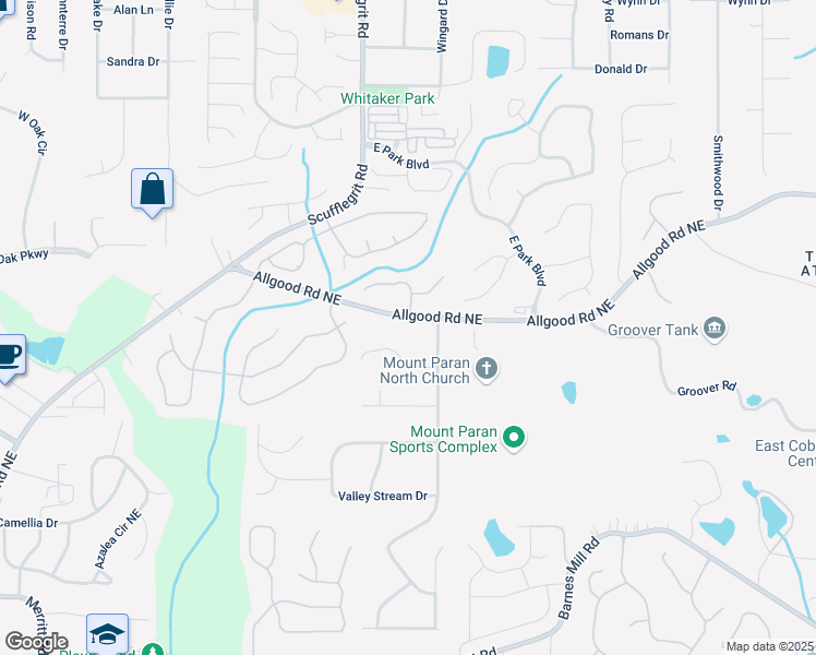 map of restaurants, bars, coffee shops, grocery stores, and more near 1584 Allgood Road Northeast in Marietta