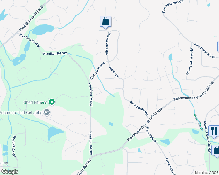 map of restaurants, bars, coffee shops, grocery stores, and more near 3256 Waterhouse Northwest in Kennesaw