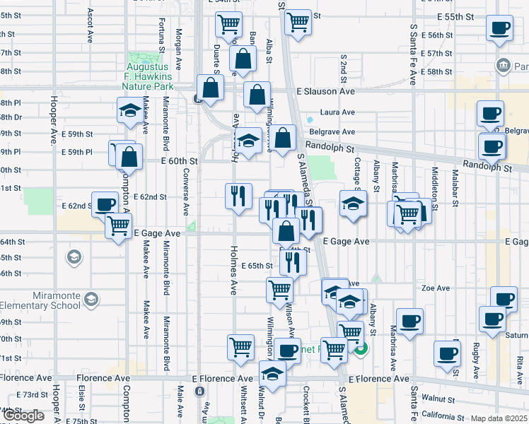 map of restaurants, bars, coffee shops, grocery stores, and more near 6300 Wilmington Avenue in Los Angeles