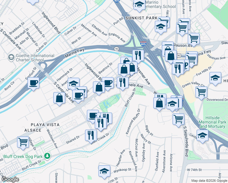 map of restaurants, bars, coffee shops, grocery stores, and more near 10215 West Waterfront Drive in Los Angeles