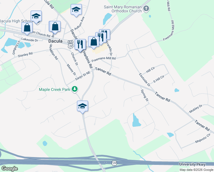 map of restaurants, bars, coffee shops, grocery stores, and more near 2615 Dacula Ridge Drive in Dacula