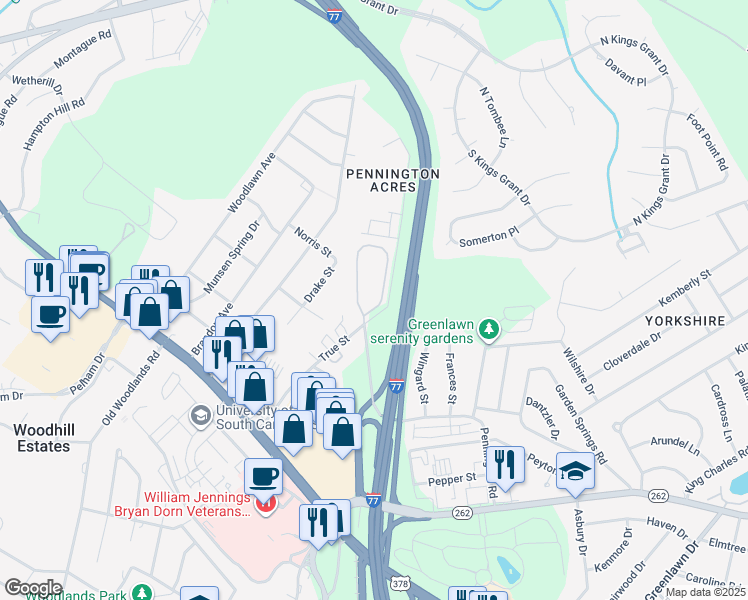 map of restaurants, bars, coffee shops, grocery stores, and more near 1001 True Street in Columbia