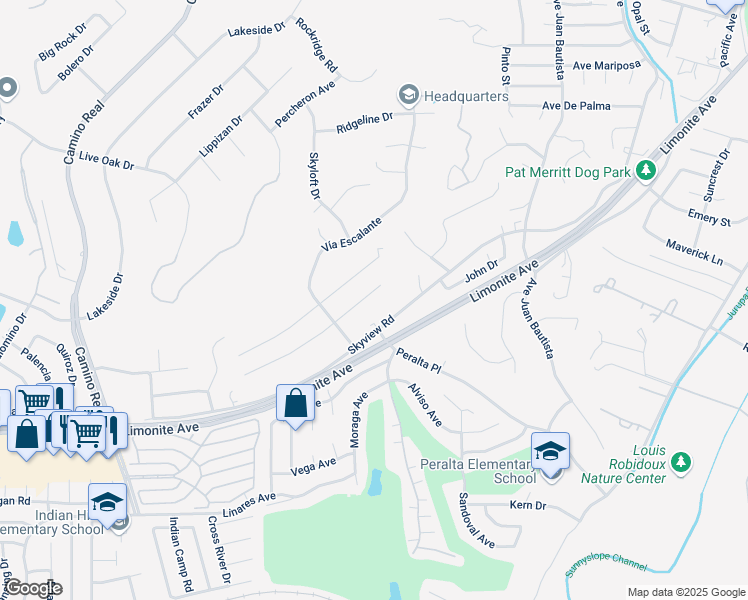 map of restaurants, bars, coffee shops, grocery stores, and more near 7162 Skyview Road in Riverside