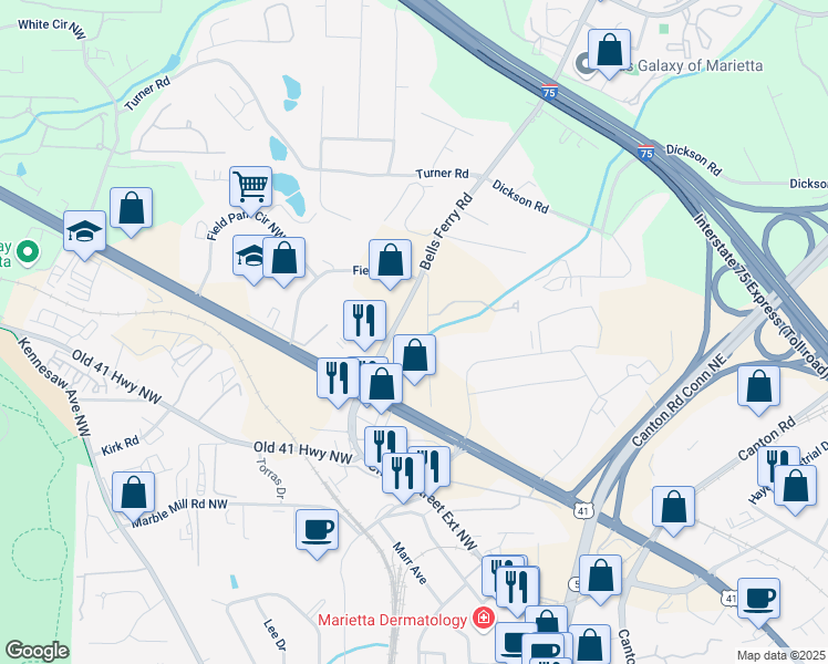 map of restaurants, bars, coffee shops, grocery stores, and more near 1310 Bells Ferry Road in Marietta