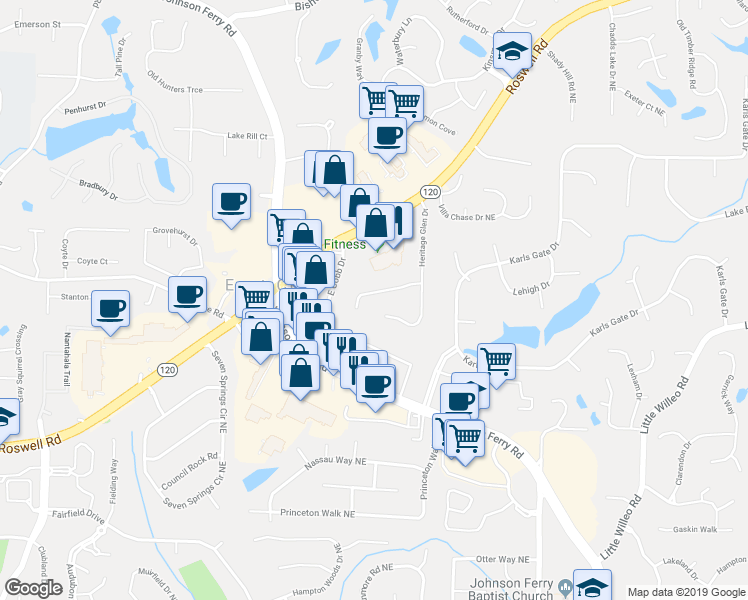 map of restaurants, bars, coffee shops, grocery stores, and more near 4368 Heritage Glen Court in Marietta