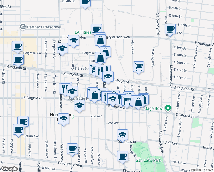 map of restaurants, bars, coffee shops, grocery stores, and more near 6222 State Street in Huntington Park