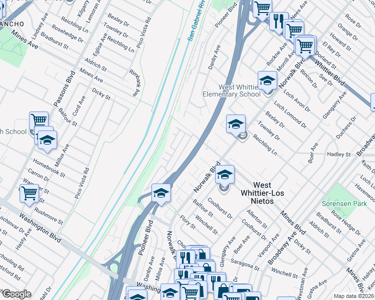 map of restaurants, bars, coffee shops, grocery stores, and more near 10550 Dunlap Crossing Road in Whittier