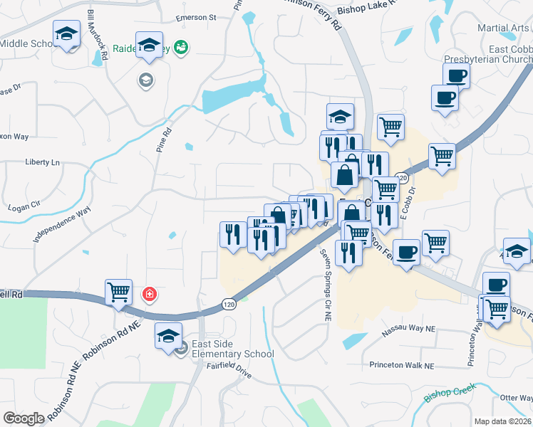 map of restaurants, bars, coffee shops, grocery stores, and more near 1453 Grayson Ct in Marietta