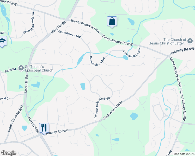 map of restaurants, bars, coffee shops, grocery stores, and more near 997 Thousand Oaks Bend Northwest in Kennesaw