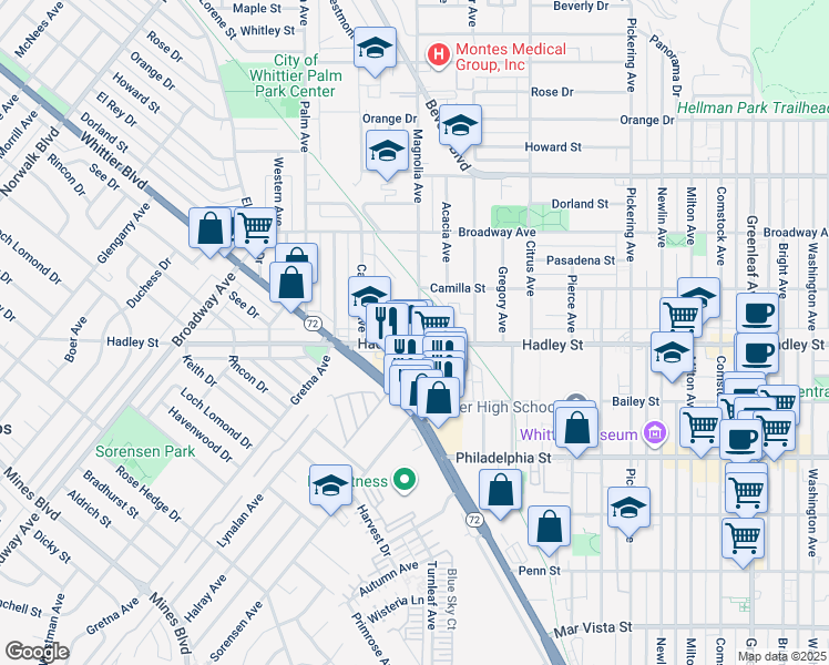 map of restaurants, bars, coffee shops, grocery stores, and more near 11805 Whittier Boulevard in Whittier