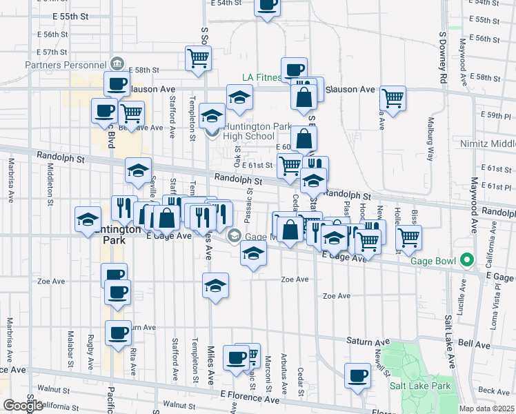 map of restaurants, bars, coffee shops, grocery stores, and more near 2966 Clarendon Avenue in Huntington Park