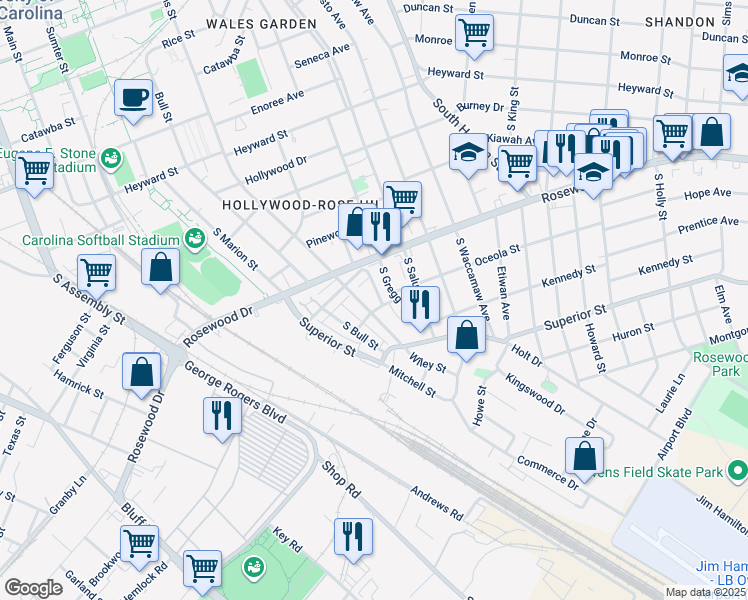 map of restaurants, bars, coffee shops, grocery stores, and more near 438 South Pickens Street in Columbia