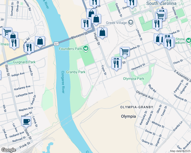 map of restaurants, bars, coffee shops, grocery stores, and more near 319 Heyward Street in Columbia