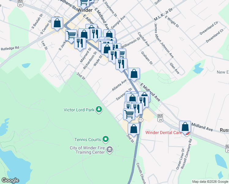 map of restaurants, bars, coffee shops, grocery stores, and more near 41 Savannah Street in Winder