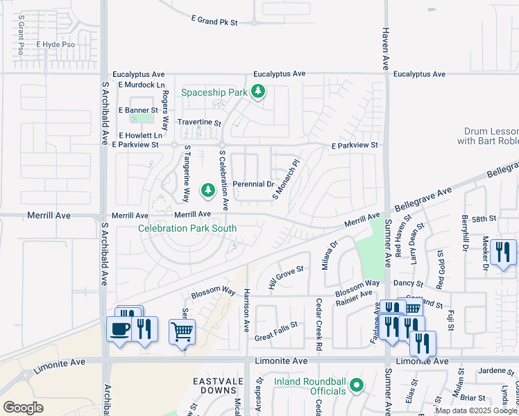 map of restaurants, bars, coffee shops, grocery stores, and more near 3170 East Painted Crescent Street in Ontario