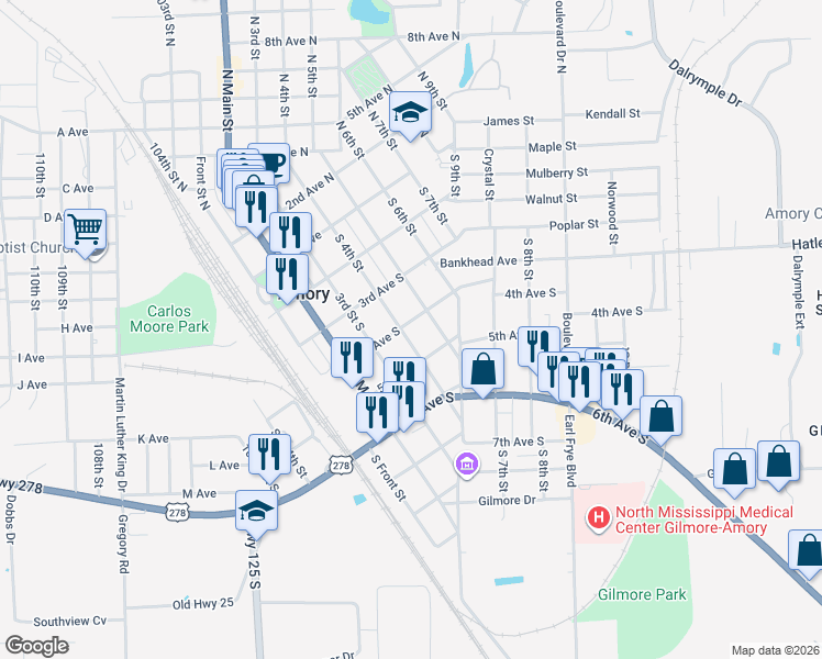 map of restaurants, bars, coffee shops, grocery stores, and more near 401 5th Avenue South in Amory