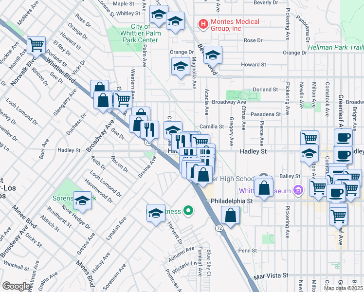 map of restaurants, bars, coffee shops, grocery stores, and more near 6350 Court Avenue in Whittier