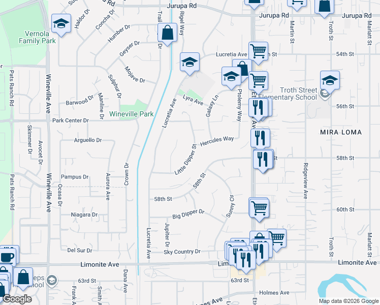 map of restaurants, bars, coffee shops, grocery stores, and more near 11280 Little Dipper Street in Jurupa Valley