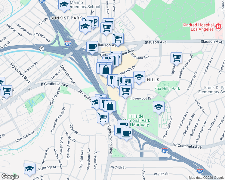 map of restaurants, bars, coffee shops, grocery stores, and more near 5990 Green Valley Circle in Culver City