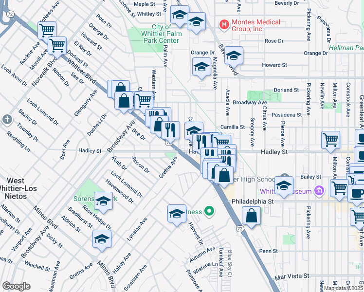 map of restaurants, bars, coffee shops, grocery stores, and more near in Whittier