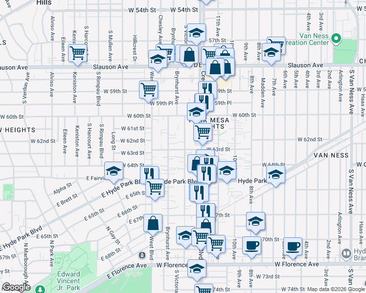 map of restaurants, bars, coffee shops, grocery stores, and more near 6310 South Victoria Avenue in Los Angeles
