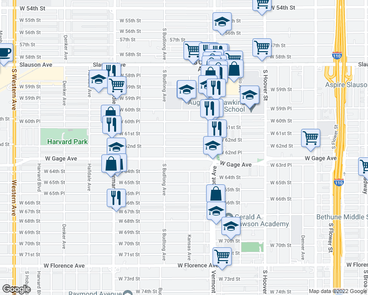 map of restaurants, bars, coffee shops, grocery stores, and more near 1102 West 62nd Street in Los Angeles