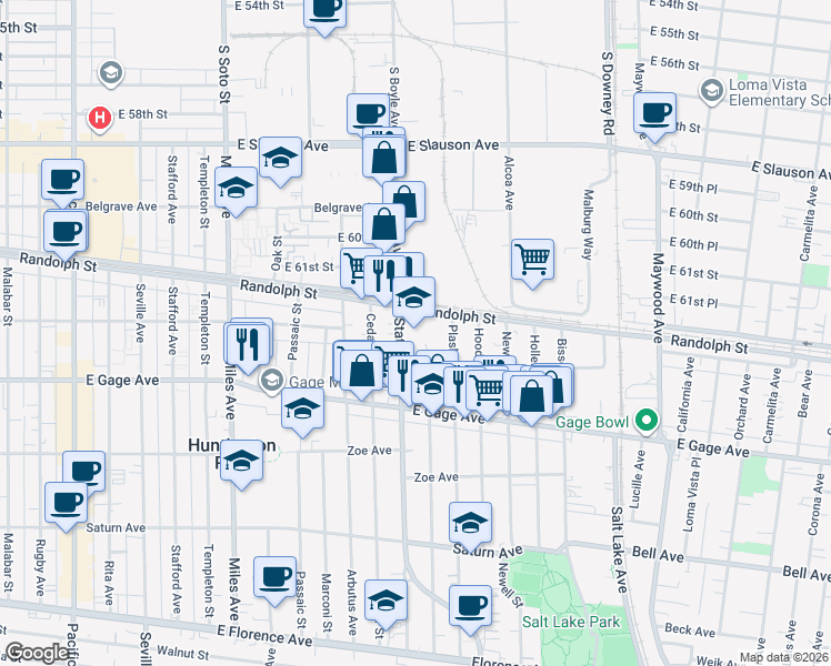 map of restaurants, bars, coffee shops, grocery stores, and more near 6222 State Street in Huntington Park