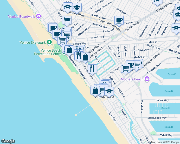 map of restaurants, bars, coffee shops, grocery stores, and more near 2418 Pacific Avenue in Venice