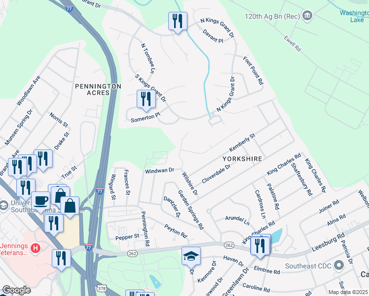 map of restaurants, bars, coffee shops, grocery stores, and more near 23 Hampton Springs Court in Columbia