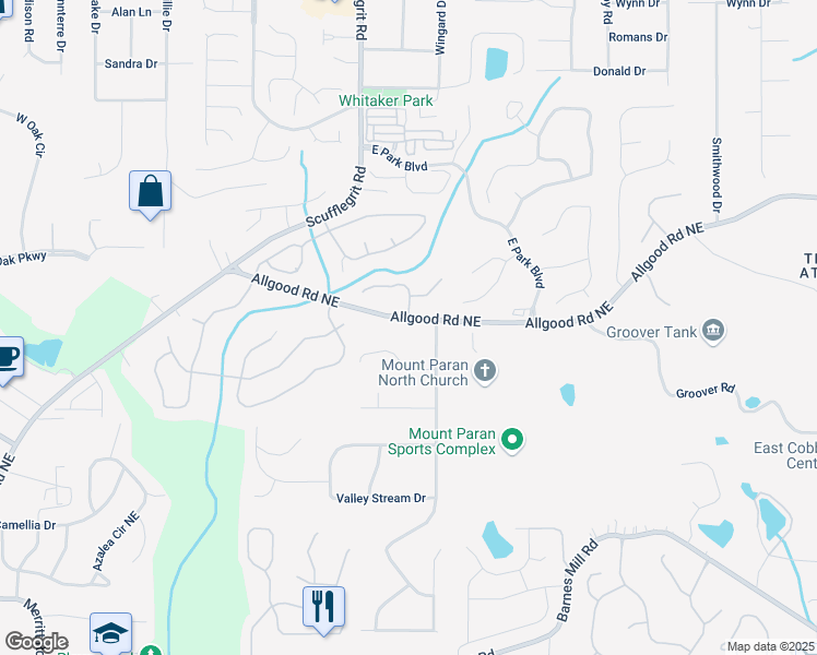 map of restaurants, bars, coffee shops, grocery stores, and more near 1584 Allgood Road Northeast in Marietta