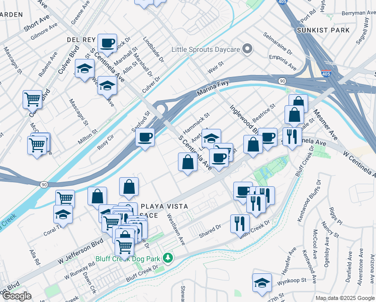 map of restaurants, bars, coffee shops, grocery stores, and more near 5411 South Centinela Avenue in Los Angeles