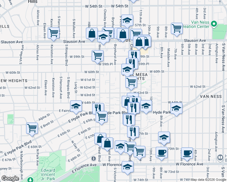 map of restaurants, bars, coffee shops, grocery stores, and more near 6314 Brynhurst Avenue in Los Angeles