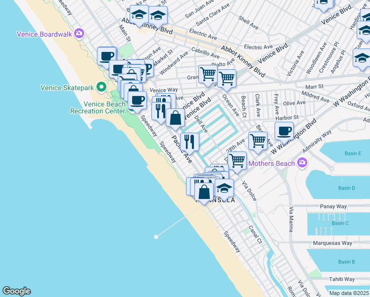 map of restaurants, bars, coffee shops, grocery stores, and more near 34 25th Place in Los Angeles