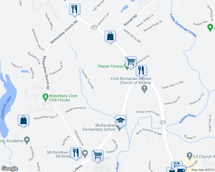 map of restaurants, bars, coffee shops, grocery stores, and more near 684 Lookout Court Northwest in Lawrenceville