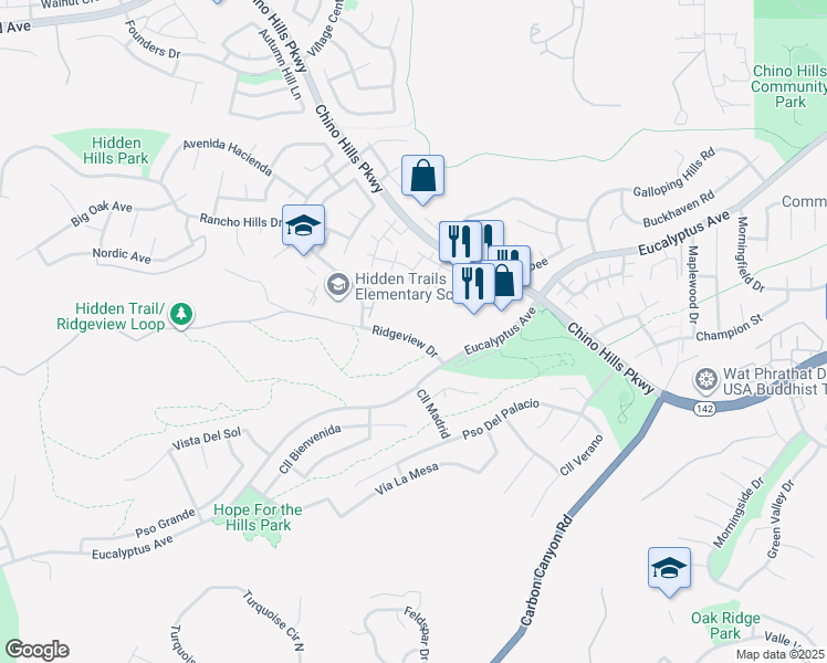 map of restaurants, bars, coffee shops, grocery stores, and more near 2201-2403 Ridgeview Dr in Chino Hills