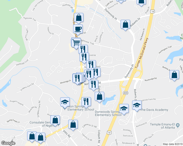 map of restaurants, bars, coffee shops, grocery stores, and more near 8343 Roswell Road in Atlanta
