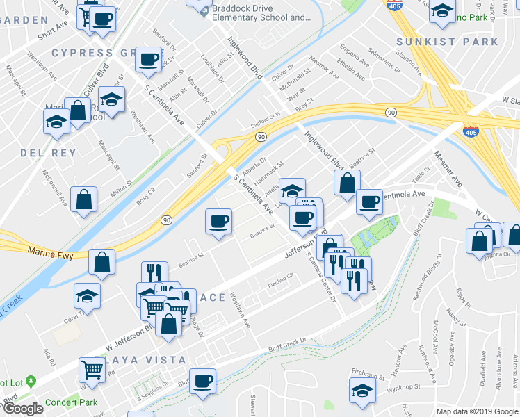 map of restaurants, bars, coffee shops, grocery stores, and more near 5411 South Centinela Avenue in Los Angeles