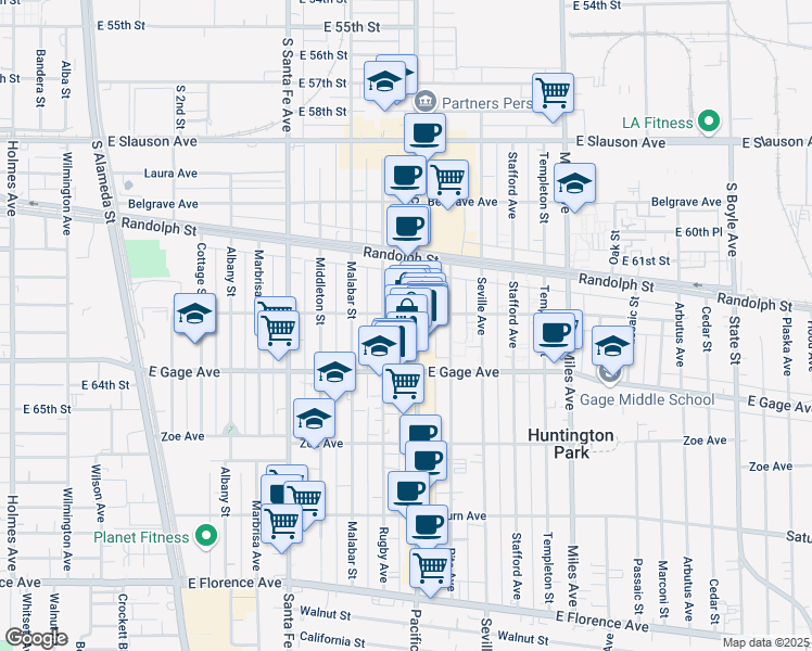map of restaurants, bars, coffee shops, grocery stores, and more near 6339 Pacific Boulevard in Huntington Park
